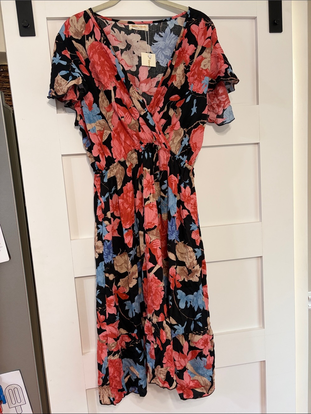 Black Floral Dress with Red, Blue & Tan Blooms